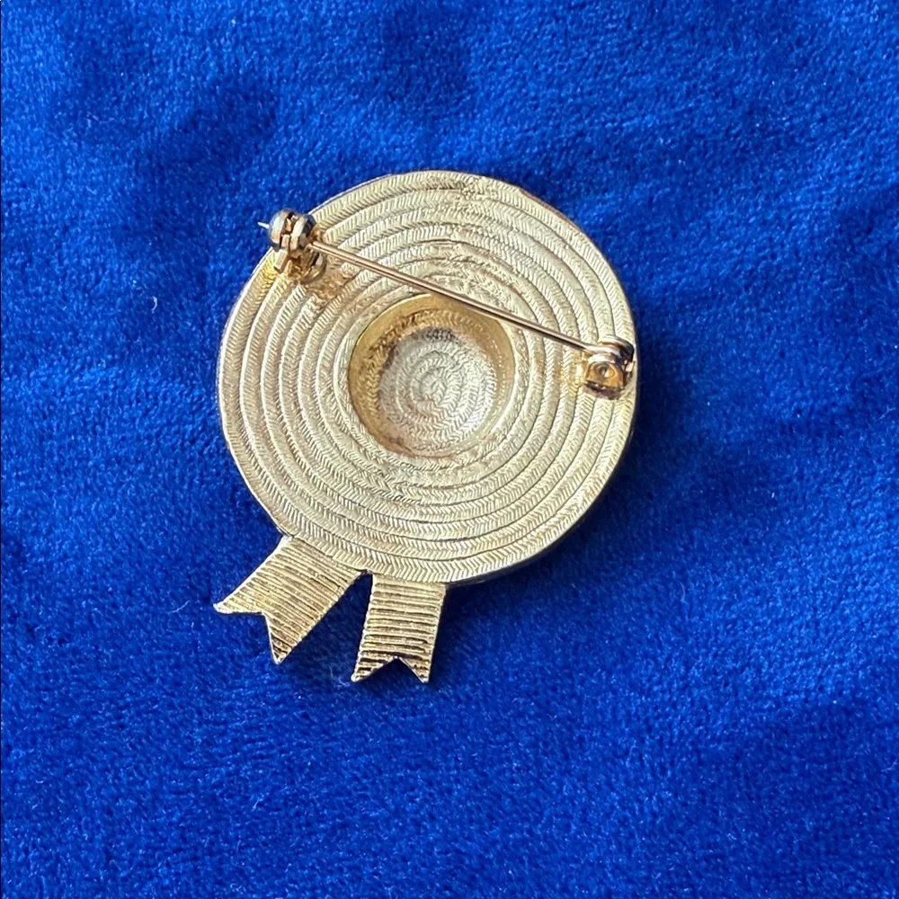 Gold Tone Straw Hat Brooch with Colorful Rhinestones